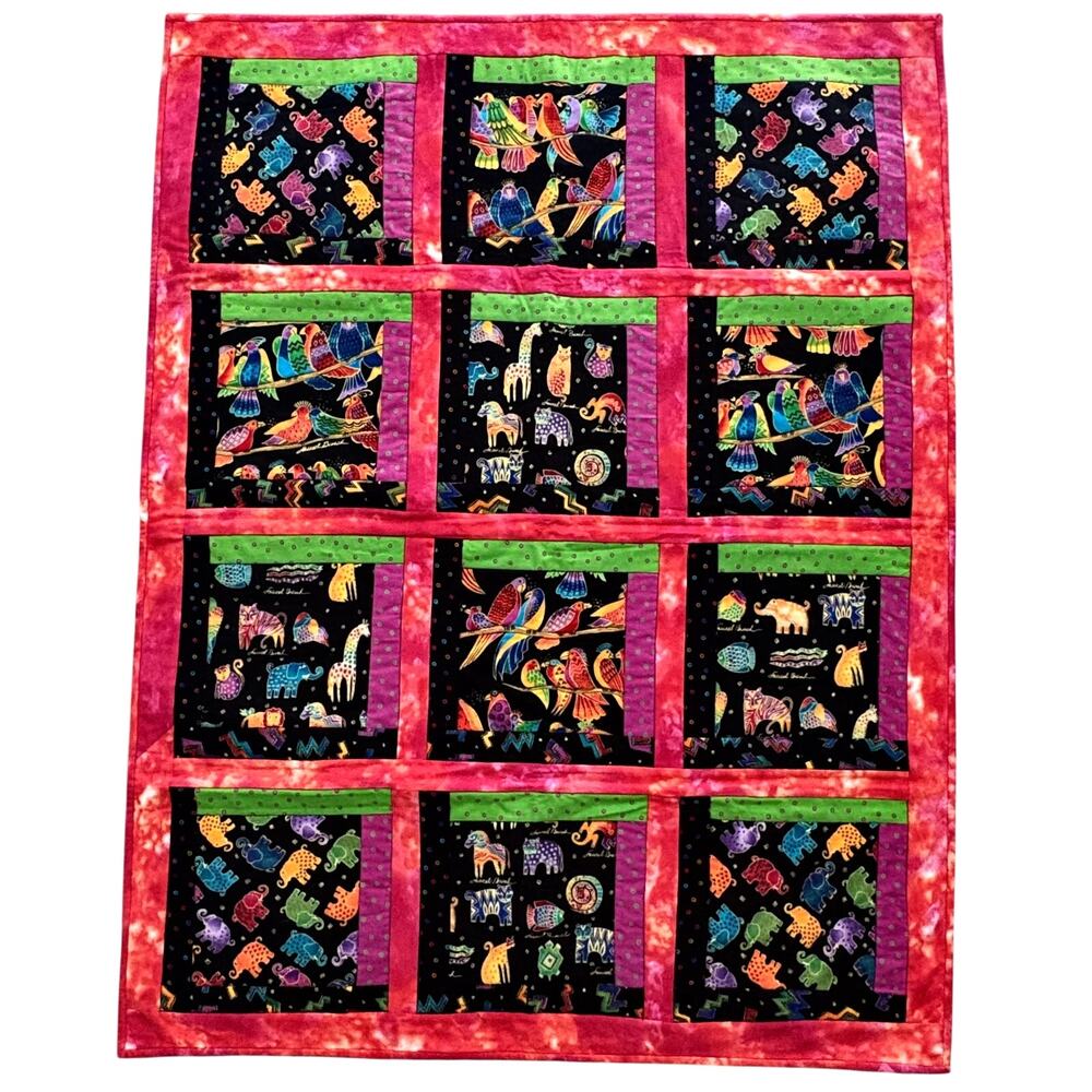 Vintage Laurel Burch Reversible Patchwork Quilt Throw Handmade Cat Dog Boho